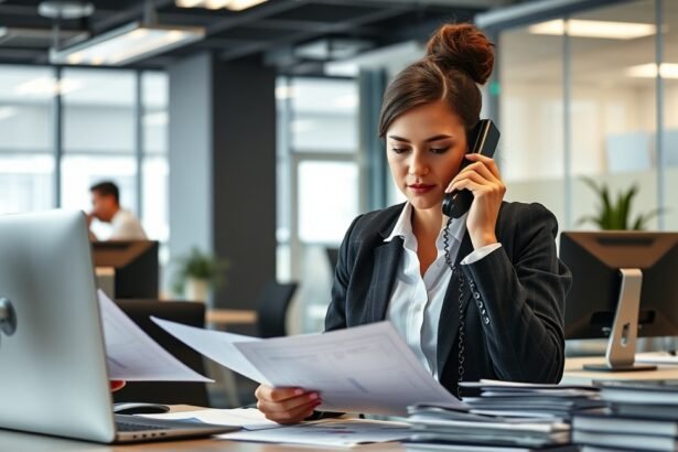 Titkárságvezető telefonbeszélgetés közben dokumentumokat néz.