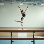 Tornász bemutatója a gerendán, sportolás közben védőfelszerelés nélkül