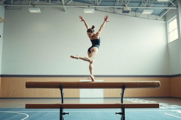 Tornász bemutatója a gerendán, sportolás közben védőfelszerelés nélkül