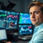 Férfi trader a tőzsdén, monitorok előtt, grafikonokkal