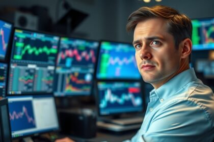 Férfi trader a tőzsdén, monitorok előtt, grafikonokkal