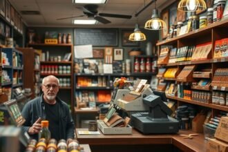 Trafik bolt belseje, ahol a tulajdonos szolgáltatásokat kínál.