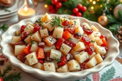 Karácsonyi krumplisaláta friss zöldségekkel és fűszerekkel