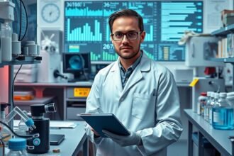 Tudós laboratóriumi környezetben, adatokat elemző tabletet tartva.