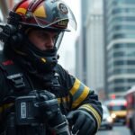 Tűzoltó a városban, készen a bevetésre, modernebb öltözékben.