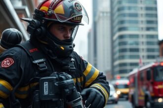 Tűzoltó a városban, készen a bevetésre, modernebb öltözékben.