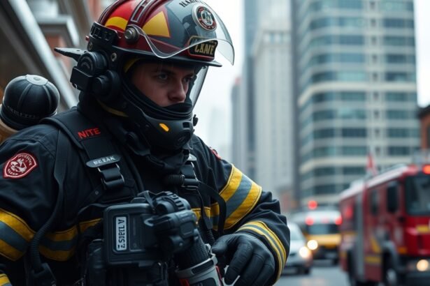 Tűzoltó a városban, készen a bevetésre, modernebb öltözékben.