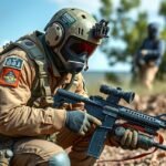 Tűzszerész munkakörben, fegyverrel és védőfelszereléssel