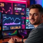 Fiatal Twitch-streamer a számítógép előtt, bevételeket elemző grafikonokkal.