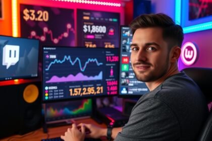 Fiatal Twitch-streamer a számítógép előtt, bevételeket elemző grafikonokkal.
