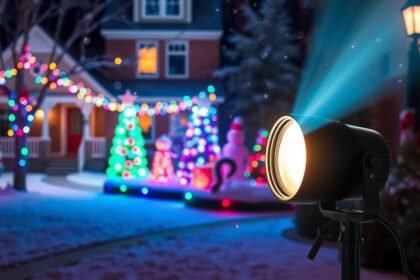 Kültéri karácsonyi projektor díszített ház előtt