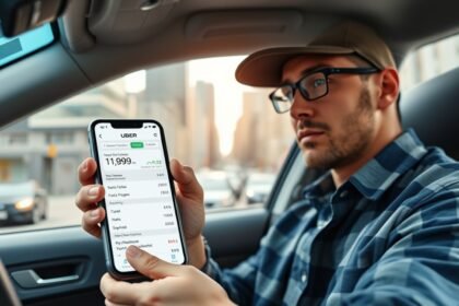 Uber-sofőr a jövedelmét mutató mobilappal az autóban.