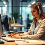 Ügyfélszolgálatos női munkatárs számítógép előtt headsettel.