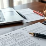 Ügyvéd munkahelyi asztala jogi dokumentumokkal és laptop