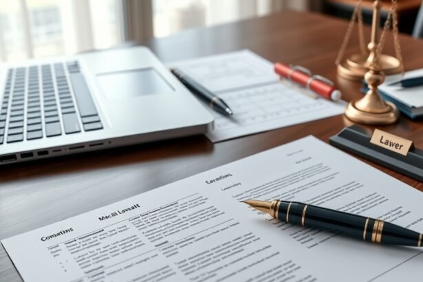 Ügyvéd munkahelyi asztala jogi dokumentumokkal és laptop