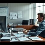 Ügyvezető egy irodában, számítógéppel és papírokkal körülvéve.