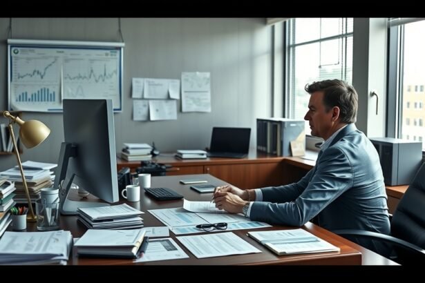 Ügyvezető egy irodában, számítógéppel és papírokkal körülvéve.