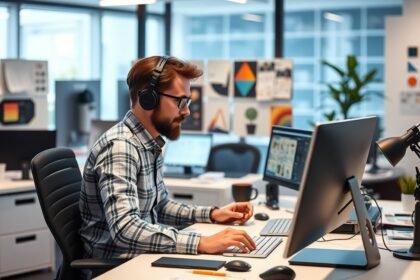 UI/UX designer dolgozik az irodájában, számítógép előtt