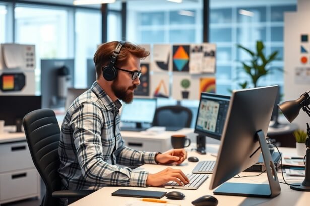 UI/UX designer dolgozik az irodájában, számítógép előtt