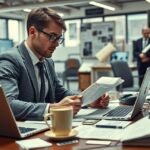 Egy újságíró dolgozik az irodájában, újságokat olvasva.