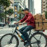 Unix-futár biciklivel a városban, szállítmányokkal a hátán.