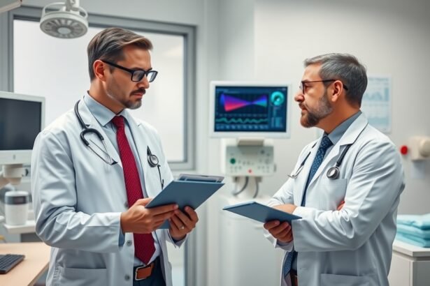 Két urológus beszélget egy modern orvosi rendelőben.