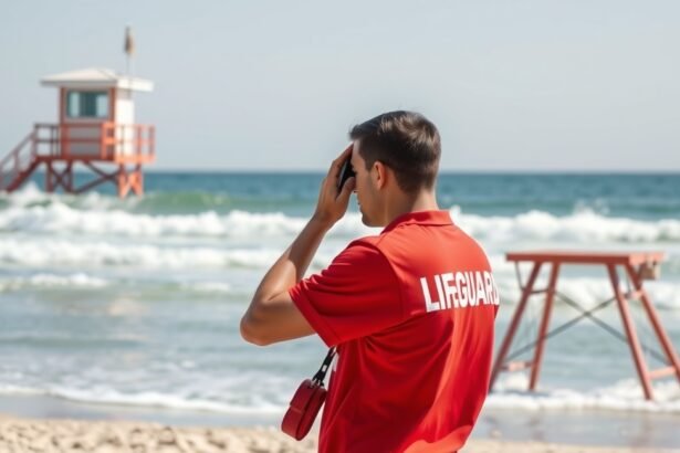 Úszómester a strandon, biztonsági intézkedéseket végez a vízparton.