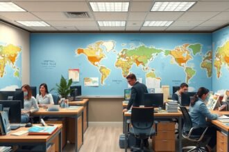 Utazási iroda dolgozói a munkahelyükön, világ térkép a falon.