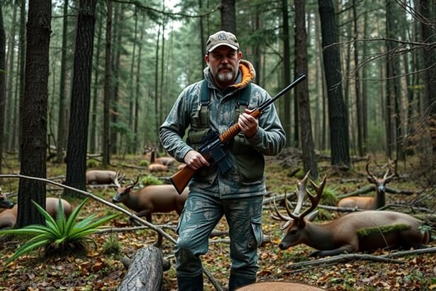 Hivatásos vadász erdőben, őzek körül, vadászfelszerelésben.
