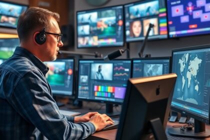 Vágó munkahelyszínen, több monitor előtt, videószerkesztés közben.