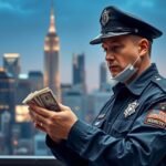 Vagyonőr pénzt számol egy város fölötti kilátóteraszról.