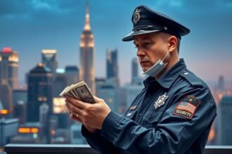 Vagyonőr pénzt számol egy város fölötti kilátóteraszról.