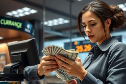 Valutapénztáros, aki készpénzt számol egy bankban