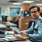 Vámügyintéző munkakörében, számítógépek előtt ülve, dokumentumokat nézve.