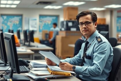 Vámügyintéző munkakörében, számítógépek előtt ülve, dokumentumokat nézve.