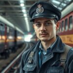 Vasutas a vonat állomásán, a háttérben mozdonyokkal.