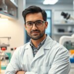 Vegyész laboratóriumban, kémiai kísérletek között.