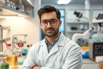 Vegyész laboratóriumban, kémiai kísérletek között.