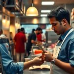 Férfi pincér a vendéglátóiparban, étteremben dolgozik.