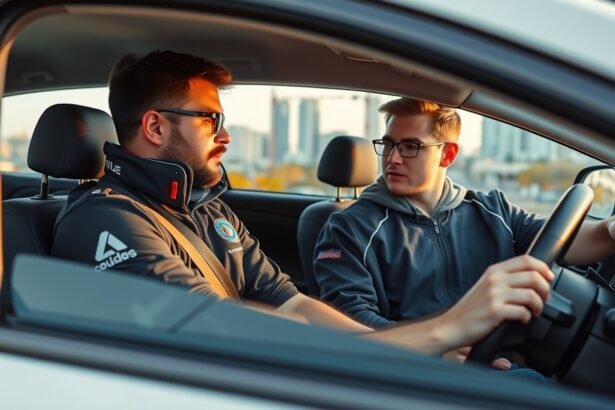 Vezetésoktató és tanuló autóban, vezetési óra közben.