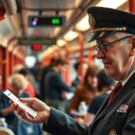 Vezető jegyvizsgáló a metrón, menetjegyet ellenőrizve.