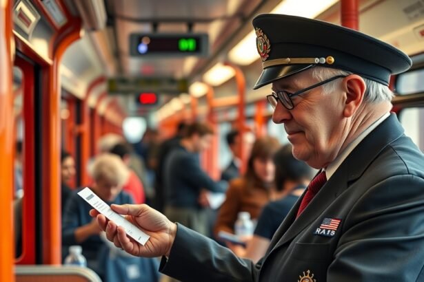 Vezető jegyvizsgáló a metrón, menetjegyet ellenőrizve.