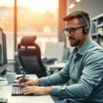 Villamosmérnök munkahelyén, számítógépek előtt dolgozik.