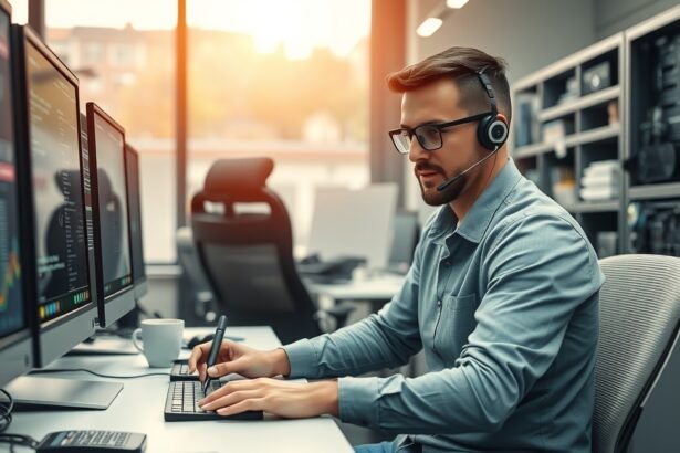 Villamosmérnök munkahelyén, számítógépek előtt dolgozik.