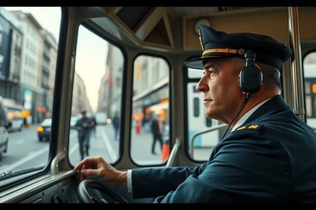Villamosvezető a vezetőfülkében, városi forgalomban.