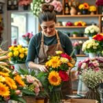 Virágkötő virágcsokrokat készít egy virágboltban