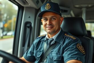 Volánbusz-sofőr a volán mögött, mosolygós arccal