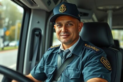 Volánbusz-sofőr a volán mögött, mosolygós arccal