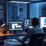 Webdesigner dolgozik számítógép előtt modern irodában