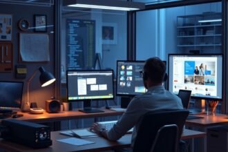 Webdesigner dolgozik számítógép előtt modern irodában